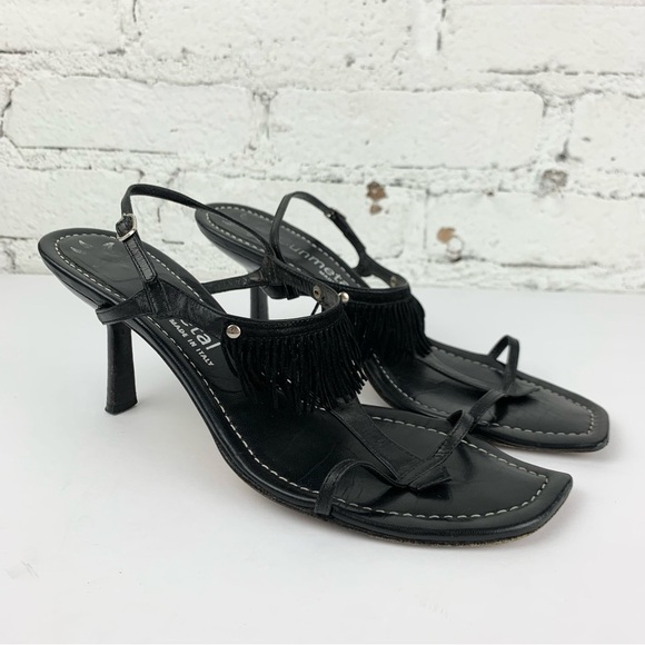 Vintage Gunmetal Italy Black Leather Slingback Fringe Tassel Sandal Heels 8.5B - Picture 2 of 10